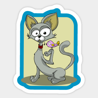 Grey Cat and A Singing Bird Sticker